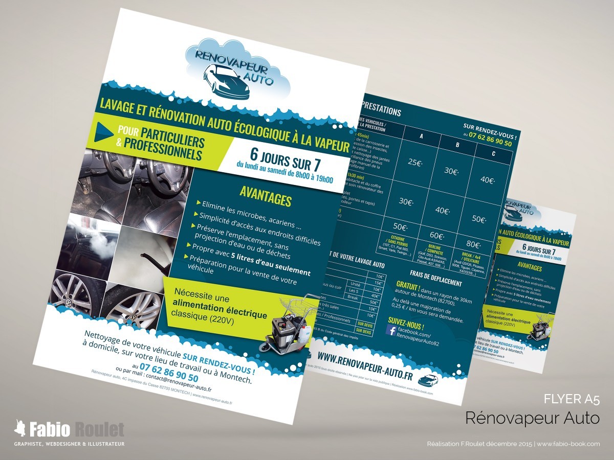 Flyer A5 pour la présentation de l'activité et des formule de Rénovapeur Auto